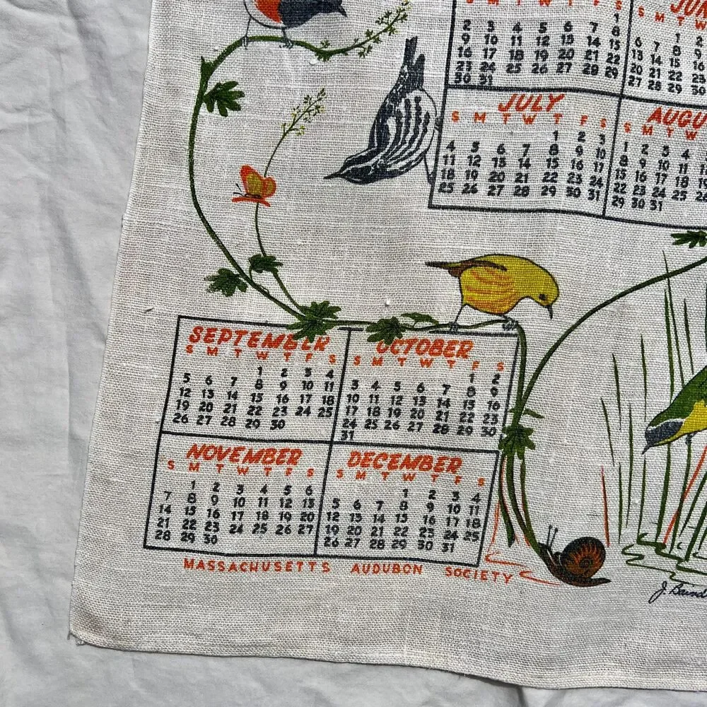 VTG 1965 Linen Tea Towel Calendar Mass Audubon Society Birds, Retro, MCM